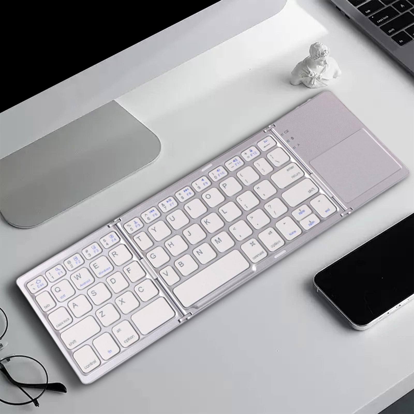 Foldable Bluetooth Keyboard with Touchpad - Portable Wireless Keyboard with Holder, Rechargeable Full Size Ultra Slim Pocket Folding Keyboards for Android Windows iOS Tablet & Laptop - White