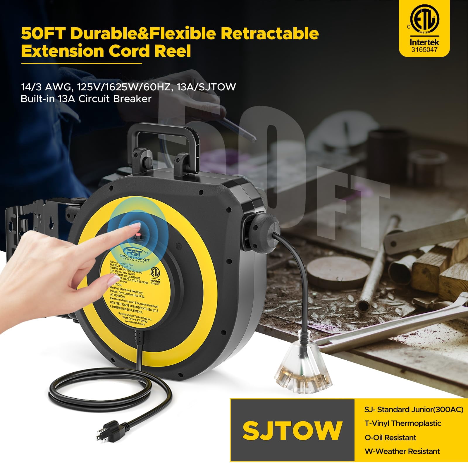 CRST Retractable Extension Cord Reel with Handle, 50 FT Heavy Duty 14AWG/3C SJTOW Power Cord with 3 Grounded Outlets Lighted Triple Tap Limited of 1625W, 13Amp Circuit Breaker, 180° Swivel Bracket