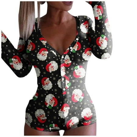 

Clearance Sale Womens Onesie Flap Pajamas Christmas Print Sexy Butt Flap Sleepwear Cute Button Collar Rompers Nightwear Jumpsuit