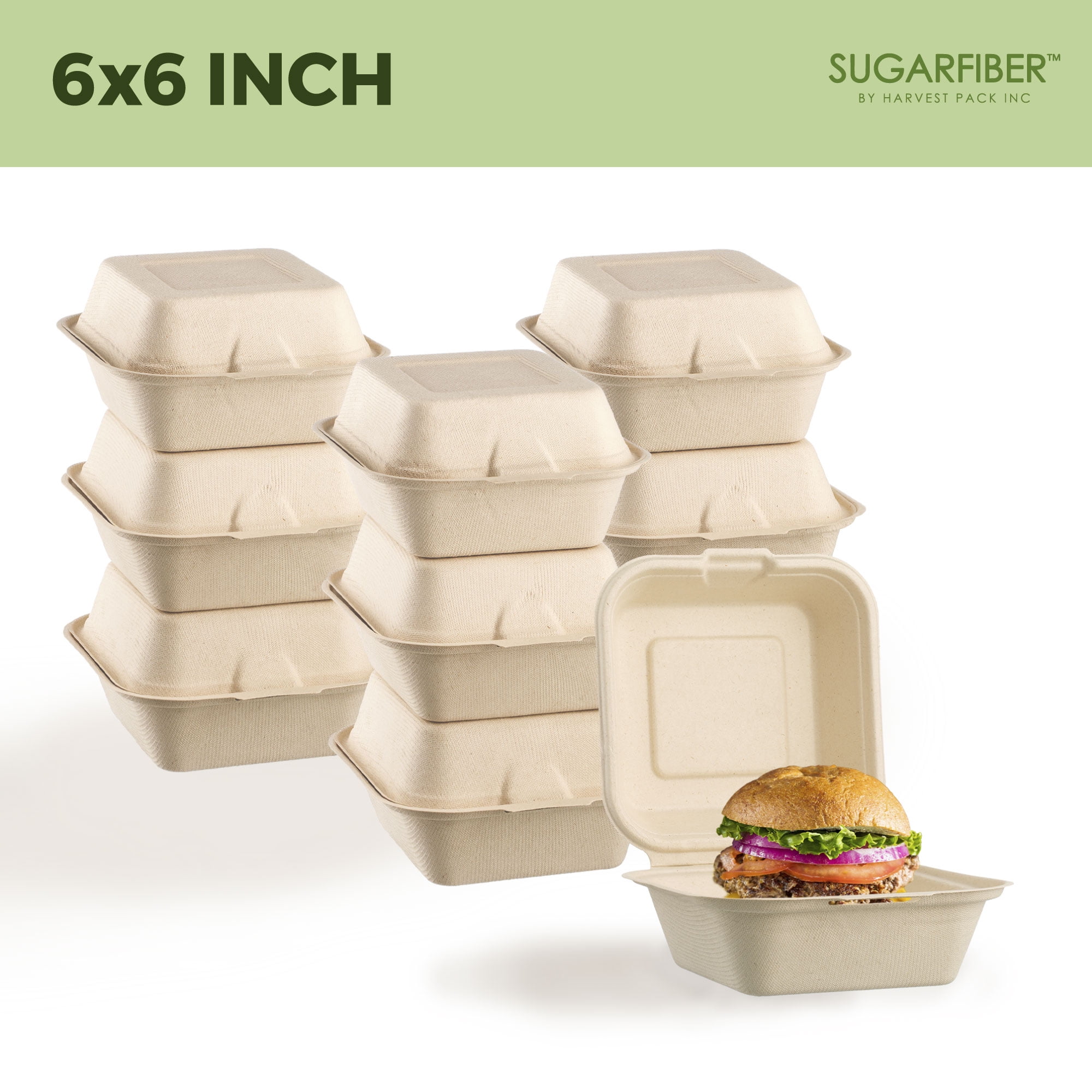 Sugarfiber™ 6x6 inch Square Hinged Container — HAKOWARE by Harvest Pack Inc
