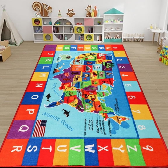 ABC Children's Rug, 3.3' x 5', Educational Baby Play Mat, Suitable for Playrooms and Elementary Schools, Loop Pile Surface, Non-Slip Backing, Preschool Rug, Classroom Learning Area.
