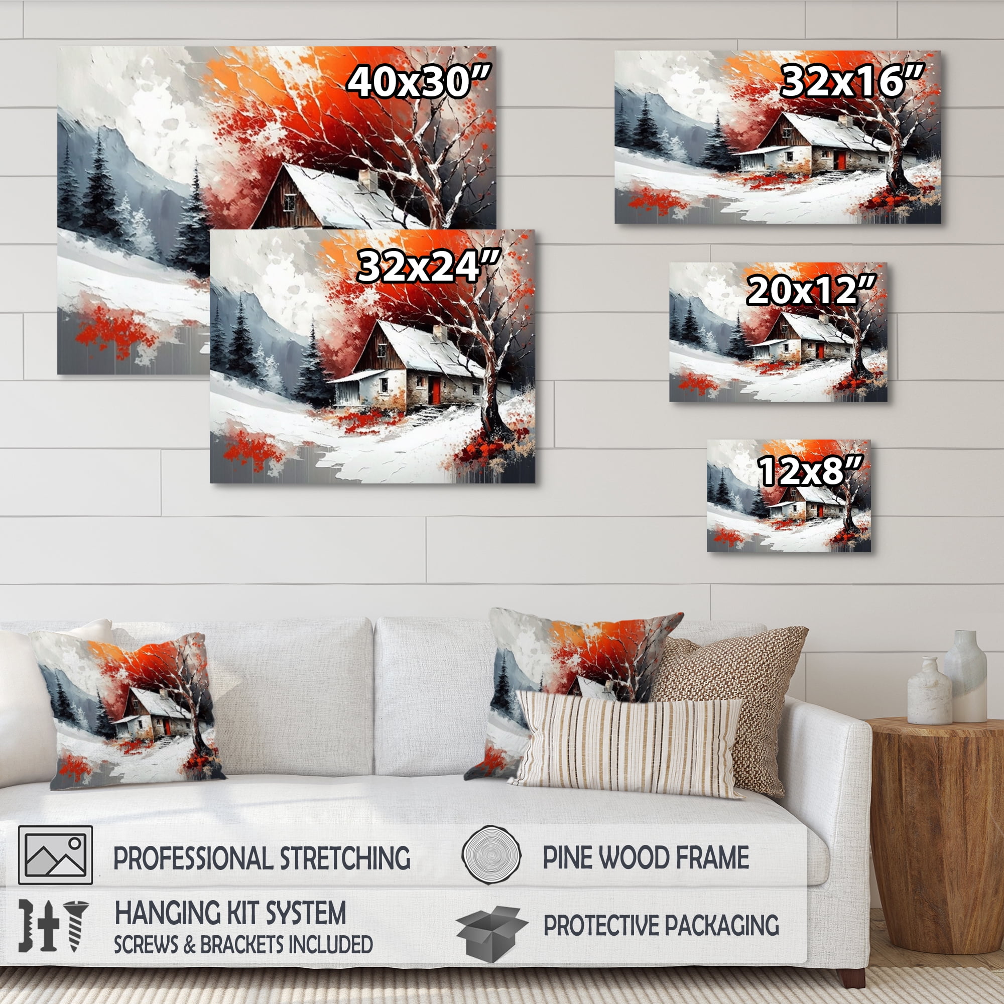 Designart Monochrome Orange Cottage In Winter VII Canvas Wall Art