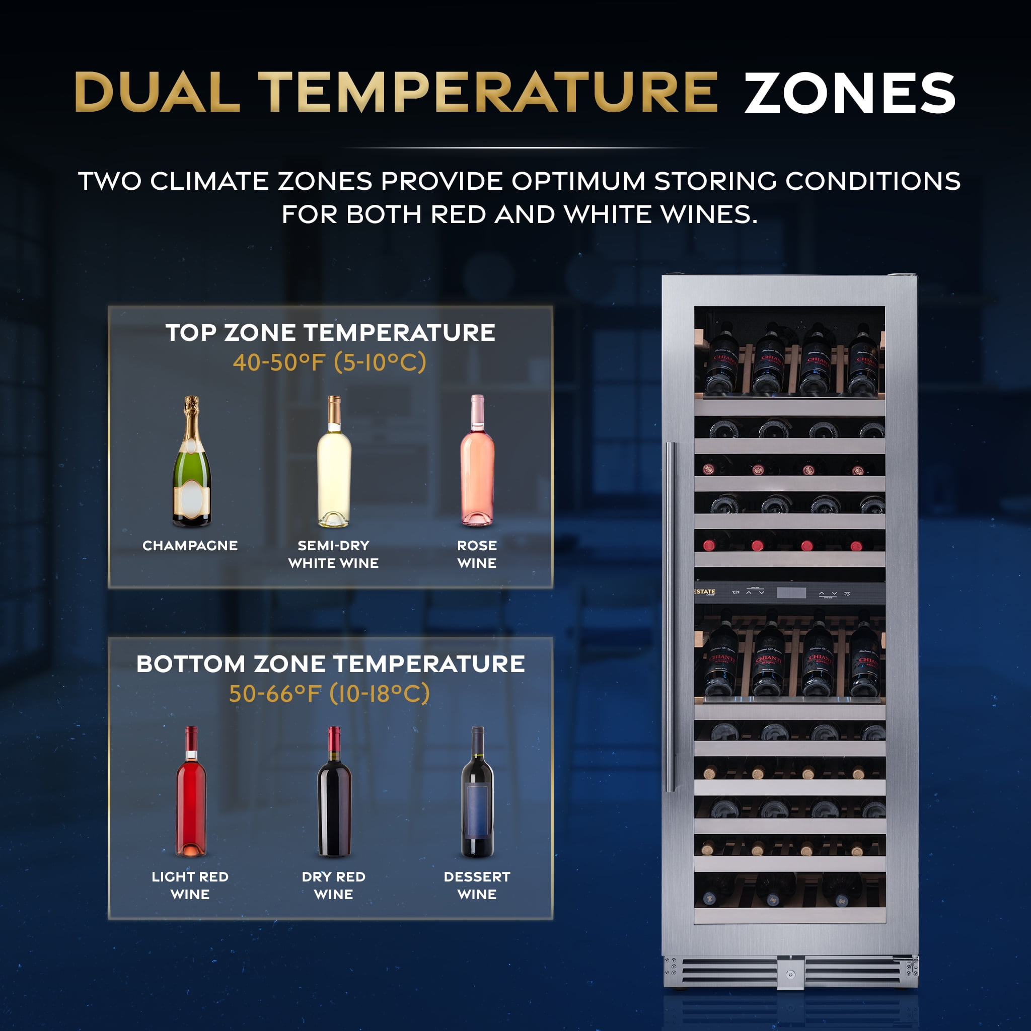 Newair ESTATE Wine Fridge Dual Zone 160 Bottle Capacity in Seamless Stainless Steel
