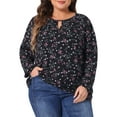 thumbnail image 1 of Blusas de chiffon floral de manga larga con cuello en forma de llave para mujeres de tallas grandes GRACE & GRANDEUR 1X negro rosa, 1 of 1