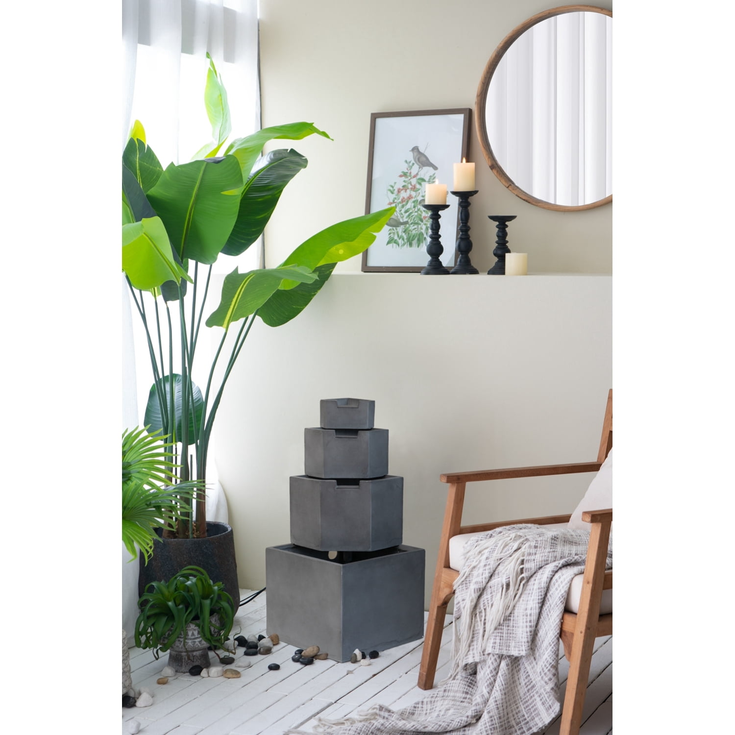 Newboti Furniture 19.7x19.7x41.7" Gray Cement 4 Tier Block Water Fountain Outdoor 23512