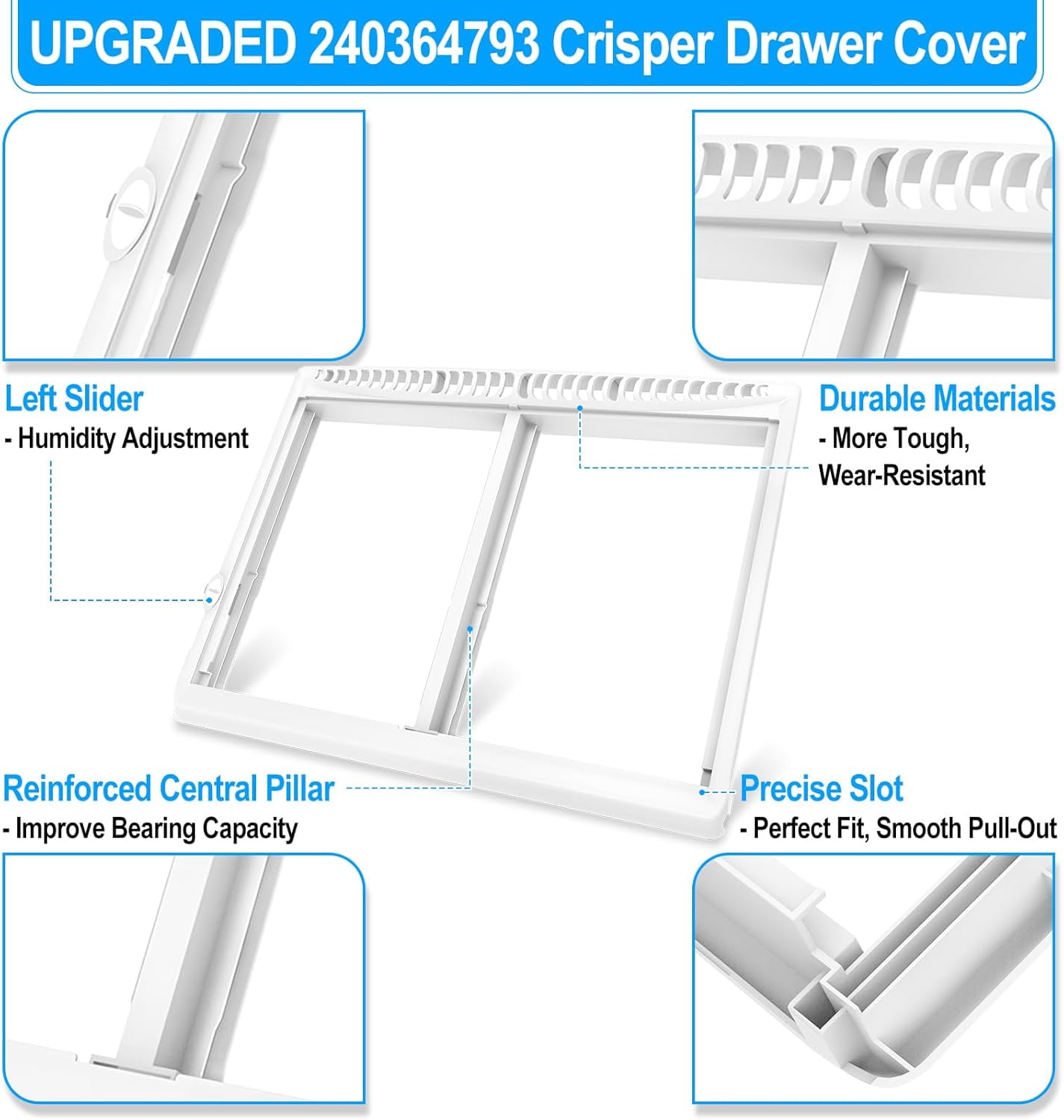 UPGRADED 240364793 Refrigerator Crisper Drawer Cover Frame – Compatible with Frigidaire 240364713, 240364763, 240364786 & More