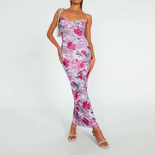 Vestido Suspendido Vestido largo de cóctel sexy para mujer Vestido de tirantes con estampado hueco sin espalda (Rosa M) Cgtredaw Para estrenar