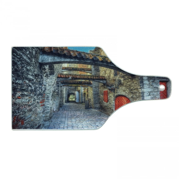 Medieval Cutting Board, Old Stone Street Passage Estonia Middle Ages Town Heritage Photo Art, Decorative Tempered Glass Cutting and Serving Board, Wine Bottle Shape, Grey Red Brown, by Ambesonne