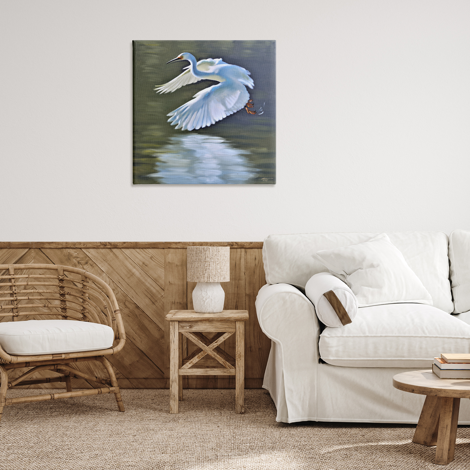 Stupell Industries Egret Flying Lake Surface Animals & Insects Painting Gallery Wrapped Canvas Art Print Wall Art, 30 x 30
