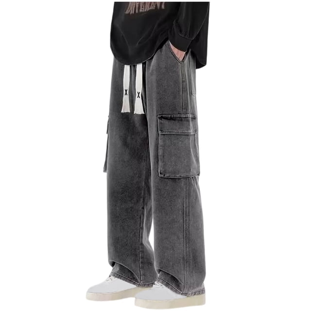 WRKEKC Cargo Jeans for Men Solid Color Elastic Waist Multiple Pockets Loose Fit Denim Fabric Spring Fall Casual Daily Wear