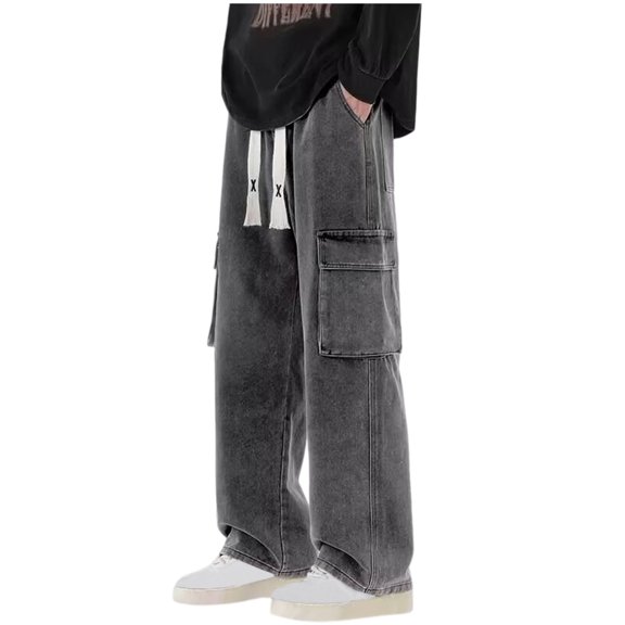 HOOMEUMY Men's Loose Washed Straight Leg Cargo Jeans Hip Hop Baggy Wide Leg Denim Pants Vintage Streetwear Denim Joggers (Gray,XXL)