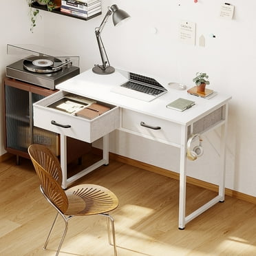 Casacomoda 32 Inch Writing Desk with 2 Fabric Drawers, Modern Study Table with Storage for Student/Kids, Small Computer Desk for Small Space, Home Office Desk, Pure White