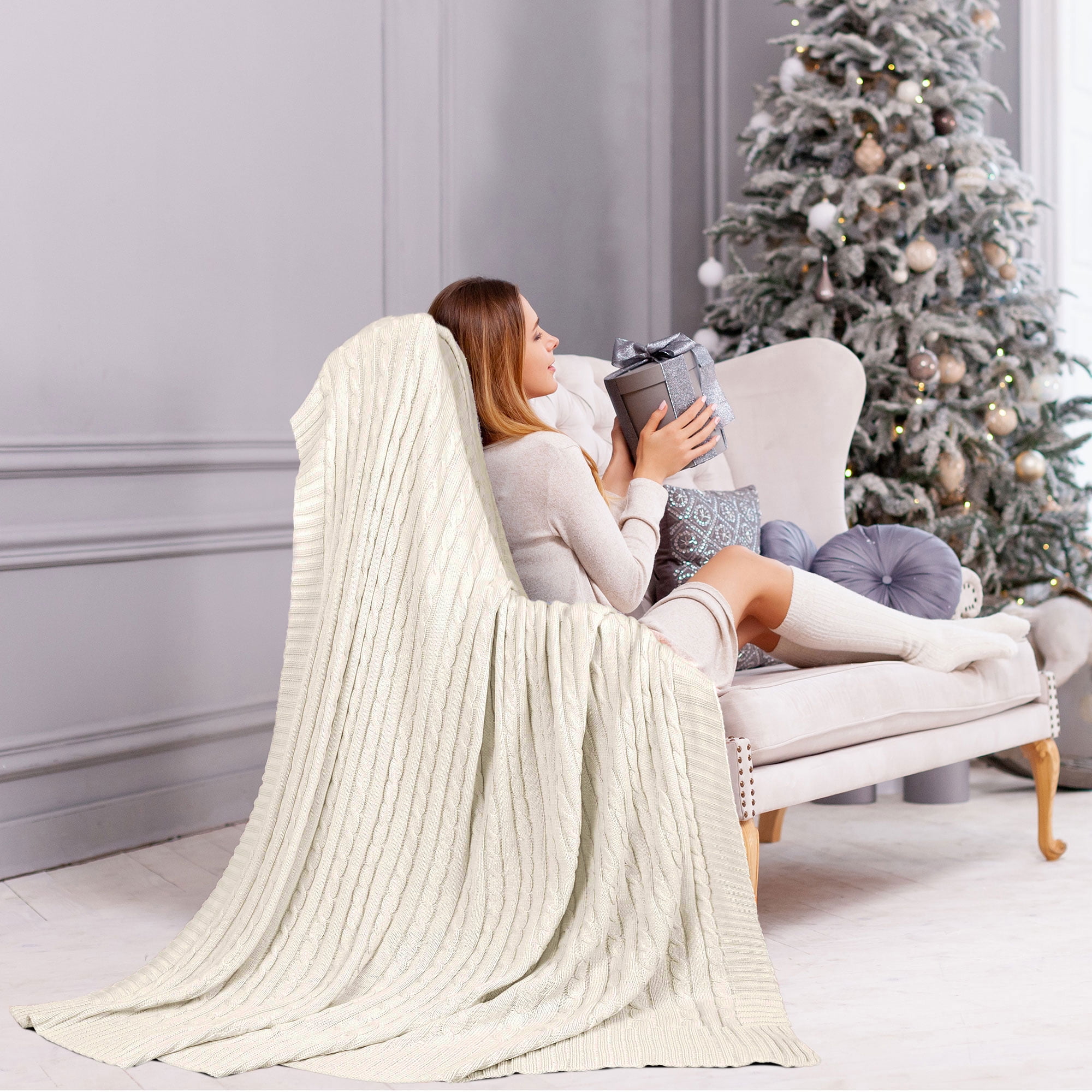 Unique Bargains Cotton Blanket Soft Warm Cable Knit Throw Home Bedding Blankets Beige 50 X60 Beige Throw 50 60