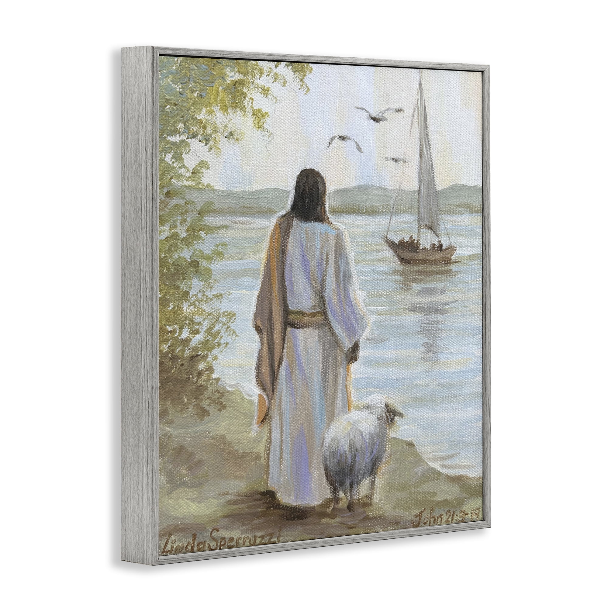Stupell Industries Jesus Waiting Ashore Gray Framed Giclee Art, design by Linda Sperruzzi