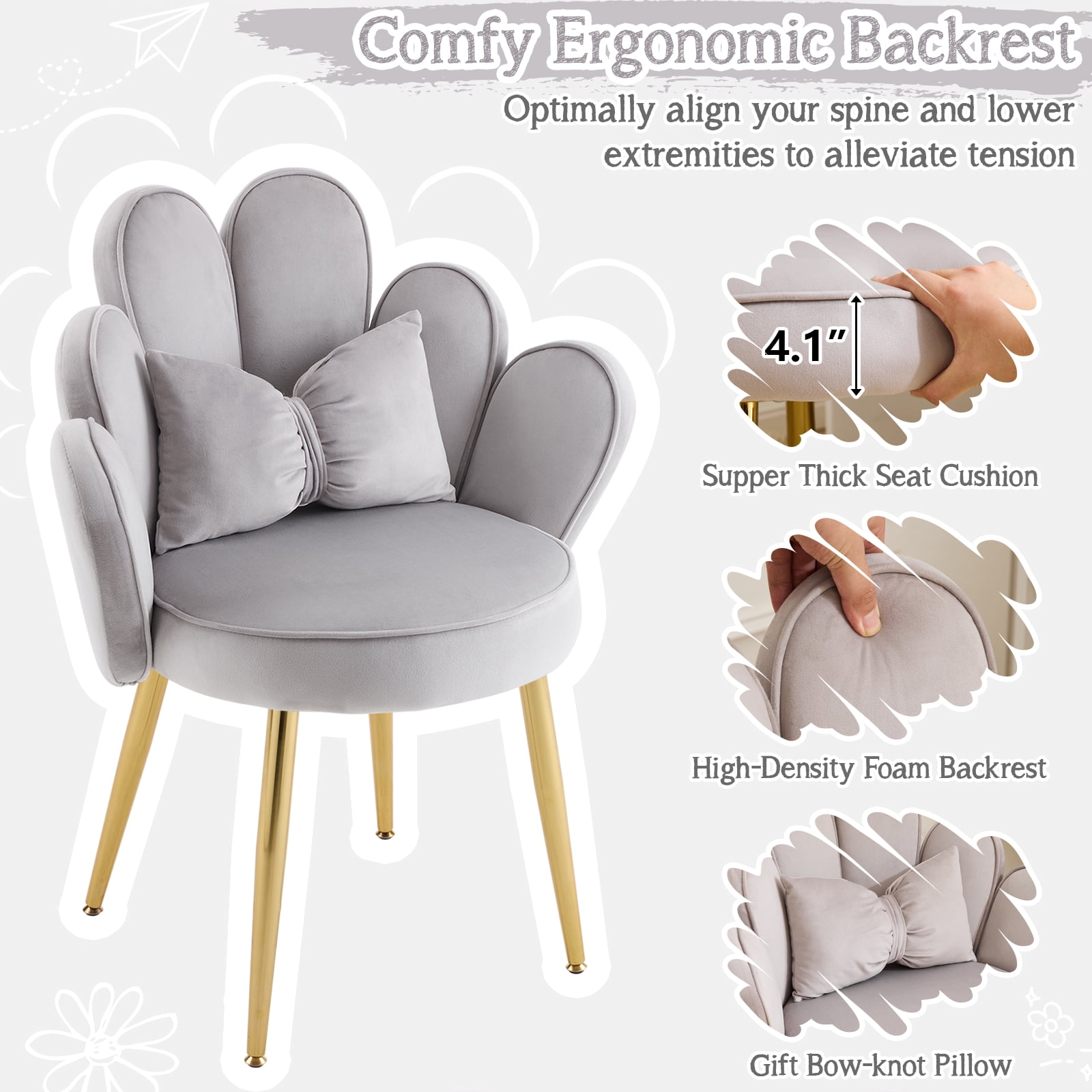 Ktaxon Vanity Makeup Chair Comfy Accent Chair Small Office Chair with Flower Back and Lumbar Pillow for Living Dining Room Bedroom Home Office Velvet Light Gray