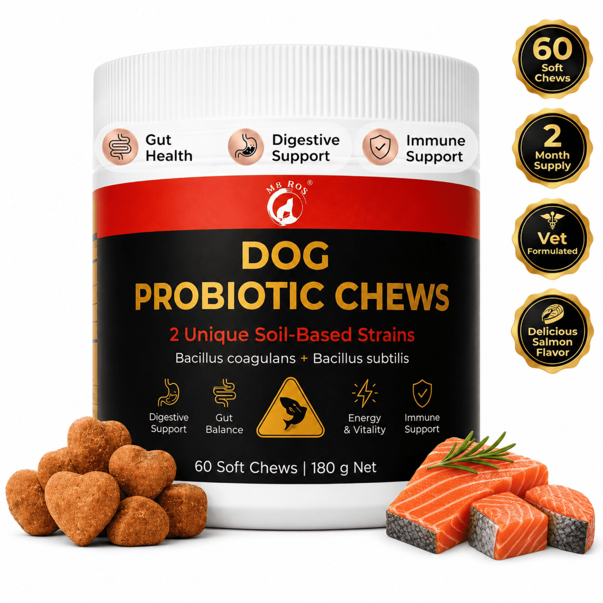 Mr Ros Constipation Relief Probiotic Soft Chews for Dog, Salmon Flavor, 60 Count Jar