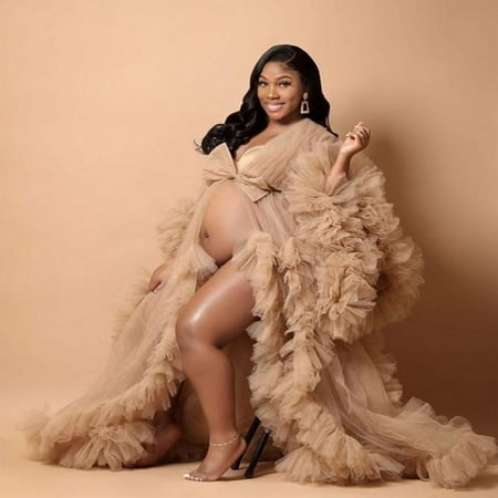

Women Khaki Maternity Ruffles Robes for Photo Shoot Pregnant Party Sleepwear Size 6 8 10 12 14
