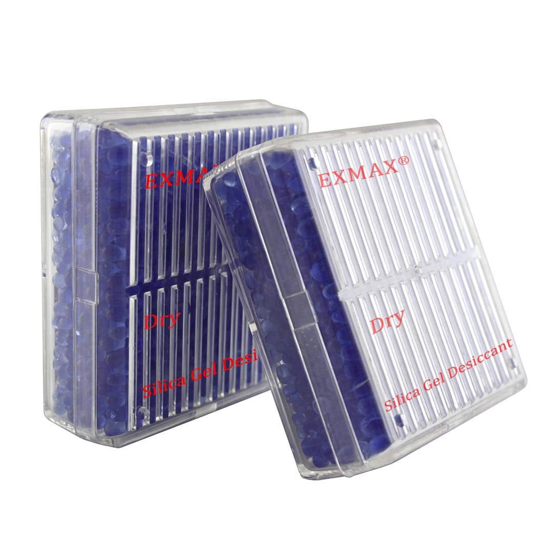 EXMAX Blue Indicating Silica Gel Beads(2-4mm) Desiccant Functional Hard Plastic Canister Dehumidifier Moisture Absorb Box Dryer for Camera Microscopes Telescopes - 8 Pack