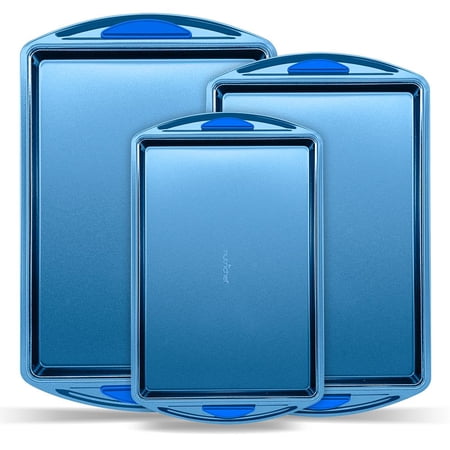 3 Piece Baking Pan Set - PFOA  PFOS  PTFE Free Flexible Nonstick Carbon Steel Bakeware Set - Home Kitchen Bake Pan Cookie Sheet Stackable Baking Tray Set w/ Blue Silicone Handles - NutriChef NCBK3S