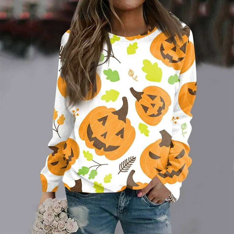 Umitay Pullover Sweaters For Women Women's Round Neck Tops Cotton Women's  Casual Fashion Halloween Print Long Sleeve O-Neck Pullover Top Blouse 