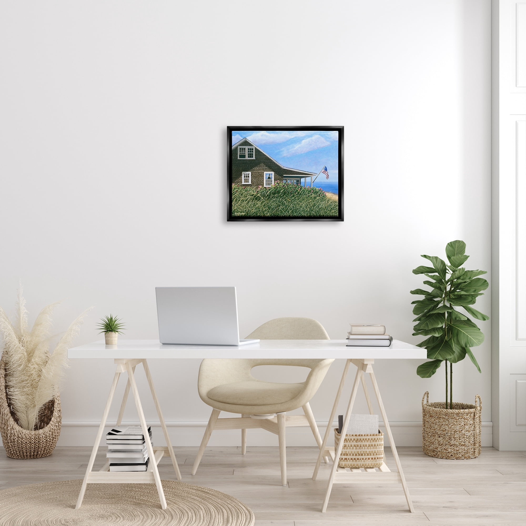 Stupell Industries Seaside House American Flag Peaceful Coastal Home Painting Jet Black Floating Framed Canvas Print Wall Art, Design by Tom Mielko