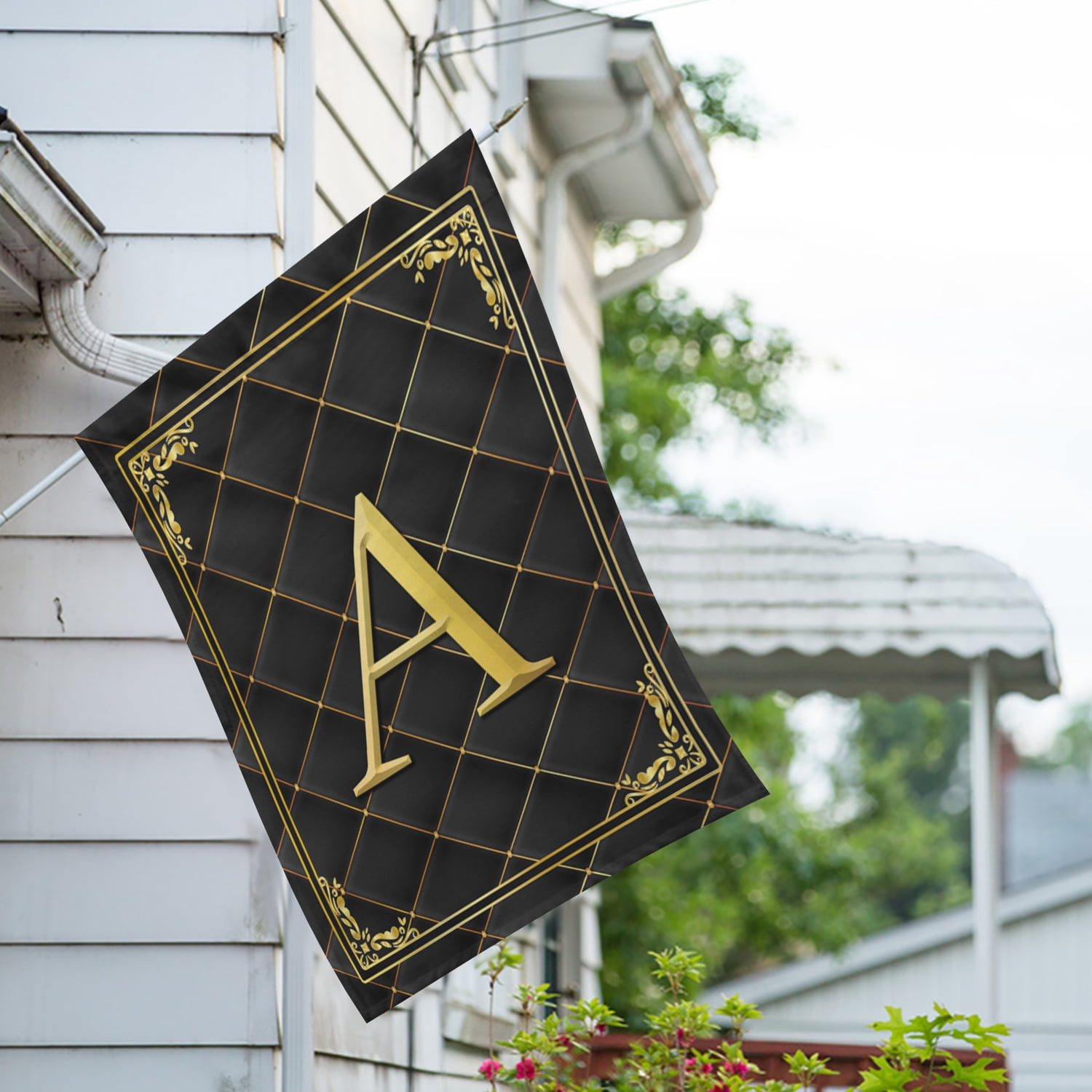 America Forever Monogram A House Flag, 28 x 40 inch Double Sided, Black Gold Quilted Design, Decorative Letter A Flag, Elegant Monogrammed Banner, Personalized Initial Outdoor Decor, Yard Flag