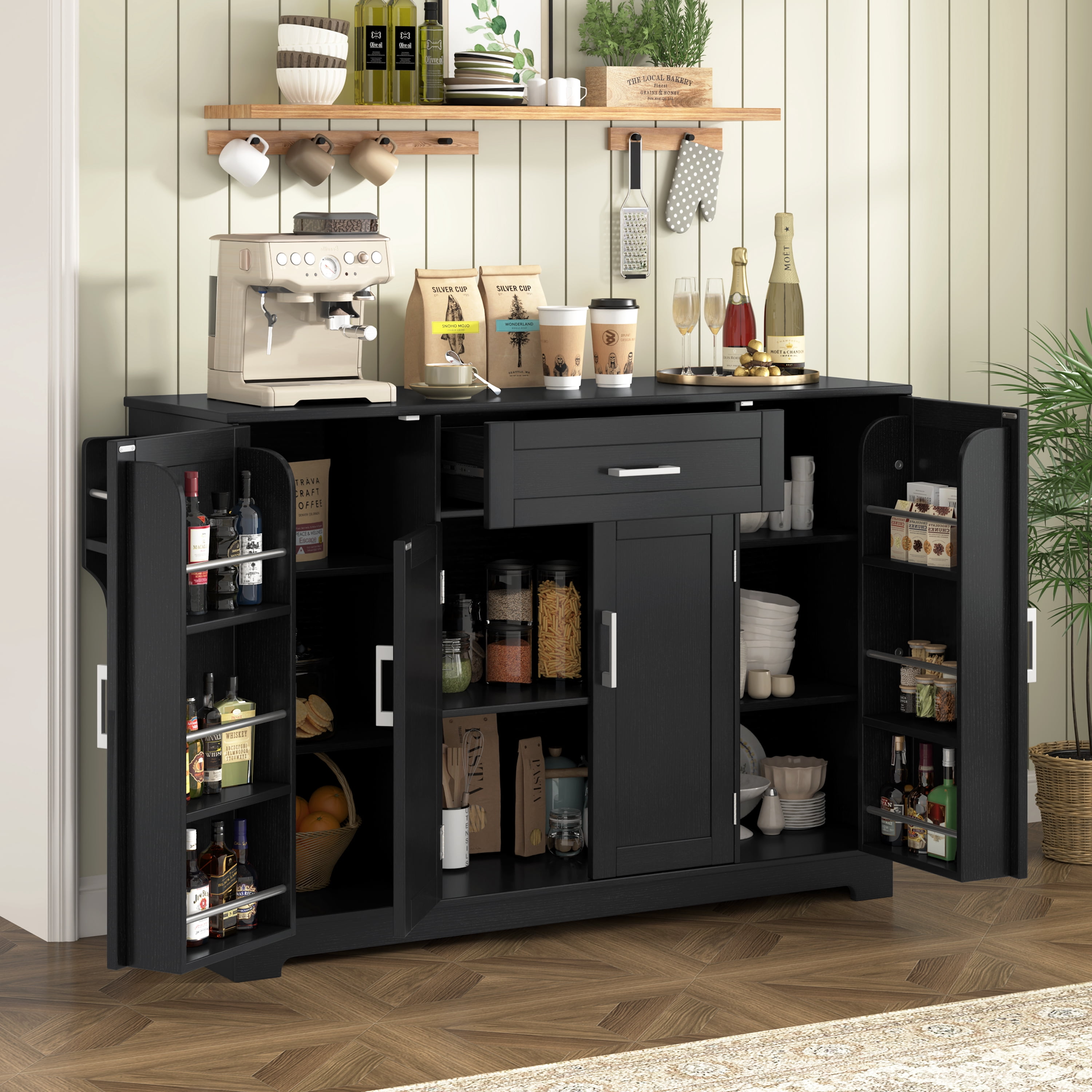 Mintazer 54" Modern Farmhouse Sideboard Buffet Cabinet with 4 Doors & Drawer and Adjustable Shelves, Freestanding Kitchen Storage Cabinet with Side Racks & Hanging Rod, Black