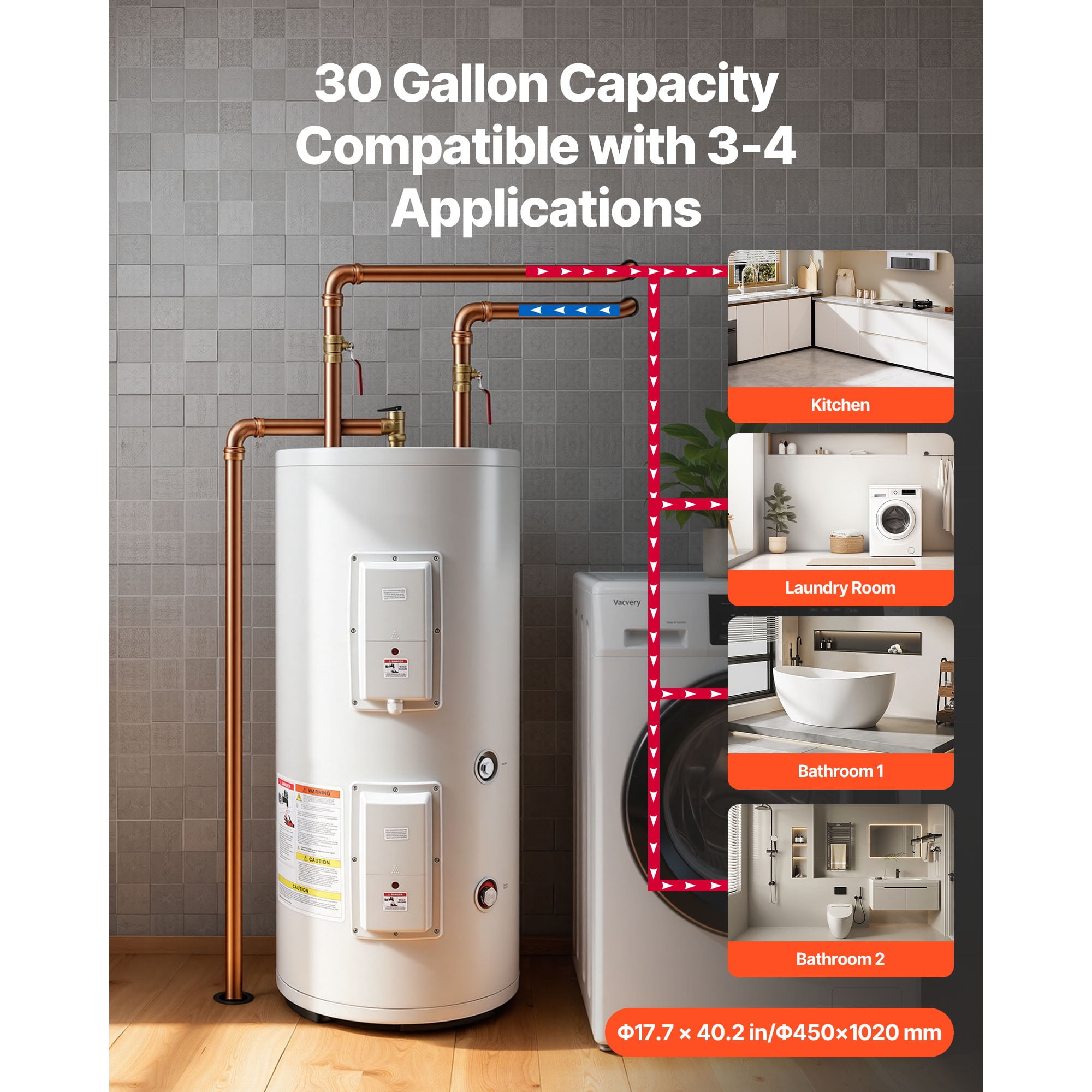 KFFKFF 30 Gallon Electric Tank Water Heater, 5000W Point-of-Use Hot Water System with LED Display, Knob Control, Top Outlet, 240V with T&P Valve for Homes and Small Businesses, Gray