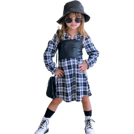 

Kids Baby Girl Clothes Long Sleeve Plaid Printed Shirt Dress Tie-up Crop Tank Top 2Pcs Skirt Set