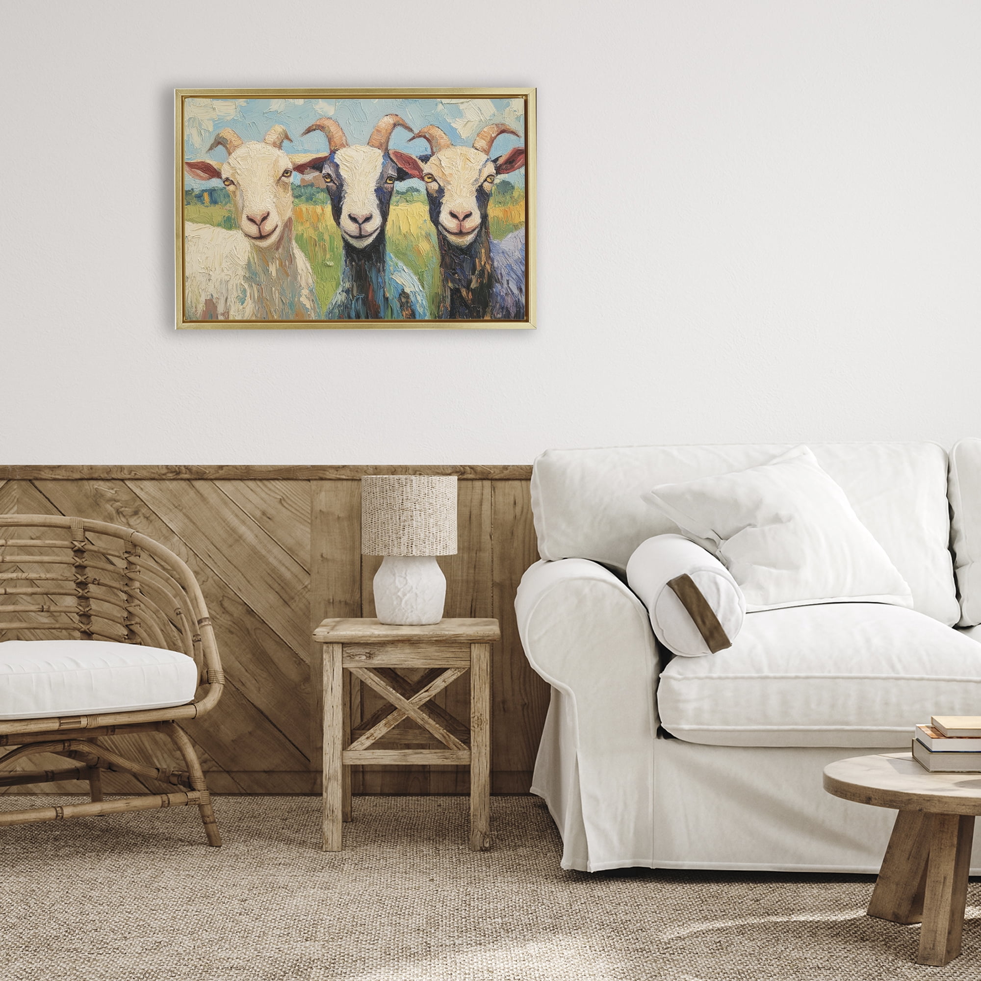 Stupell Industries Billy Goats in Bright Pasture Gold Framed Floater Canvas Wall Art, design by Petal Prints Design