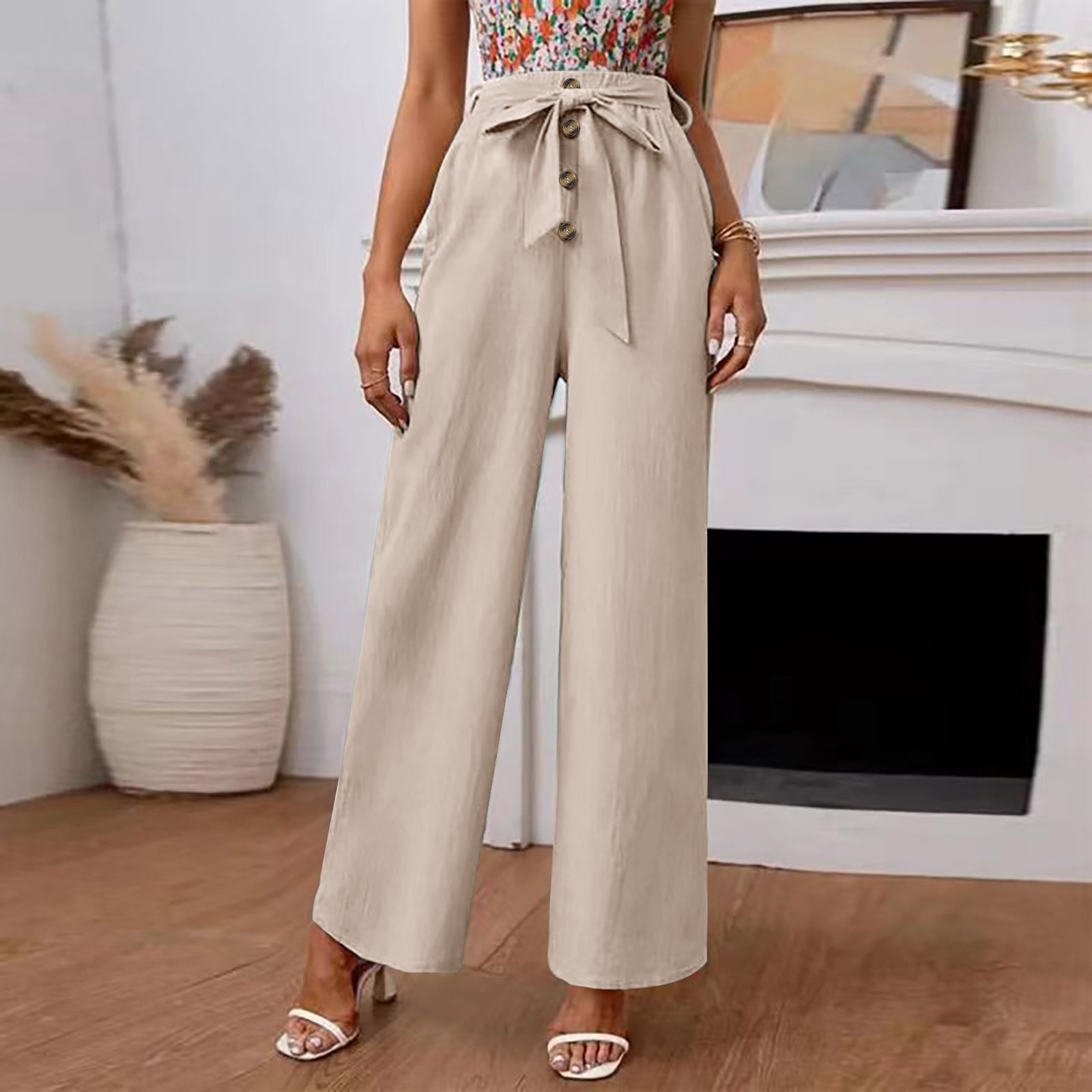SHEIN Khaki Beige High Waisted Paper Bag Trousers Straight Leg Pants Size  Small | Trousers women high waisted, Straight leg pants, Trousers women