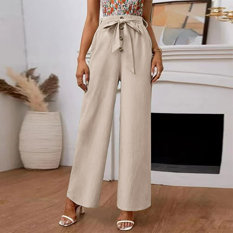 Womens Cotton Linen Straight Leg Pants Dressy Casual Solid Belted Button elastic Wasit pants Comfy Wide Leg Pants Business Lounge Pants M Beige