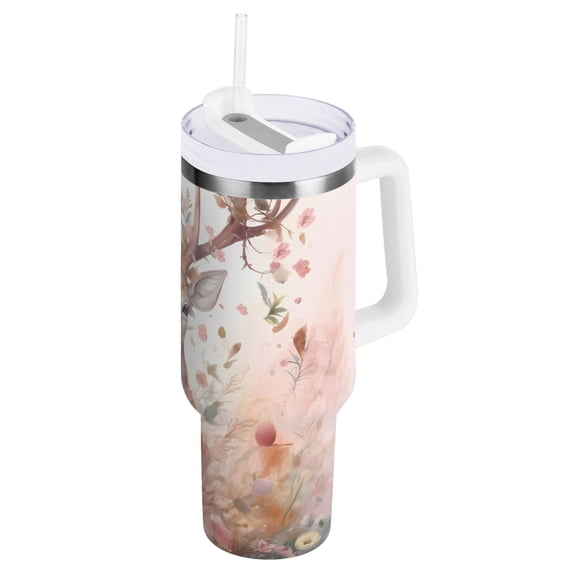 Deer and Floral Tumbler with Handle and Straw Insulated Travel Mug Reusable Stainless Steel Water Bottle 30 oz