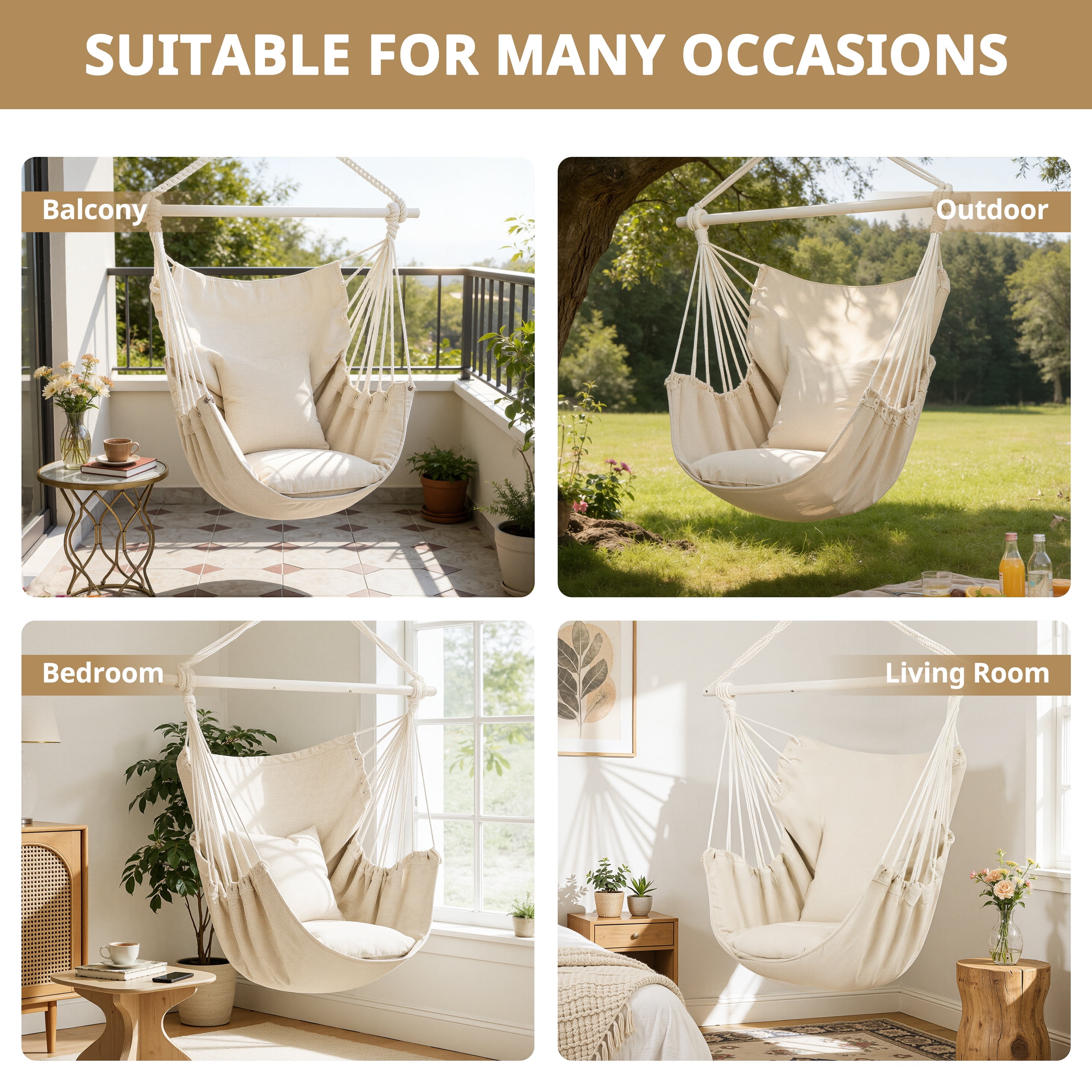 Large Hammock Chair Swing, Relax Hanging Rope Swing Chair with Detachable Metal Support Bar & Two Seat Cushions, Cotton Hammock Chair Swing Seat for Yard Bedroom Patio Porch Indoor Outdoor
