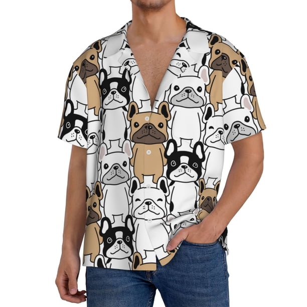 Balery French Bulldog 2 Camisa Casual de Manga Corta con Botones para Hombre, Texturizada, Estilo Cubano, para Playa, Verano-Large
