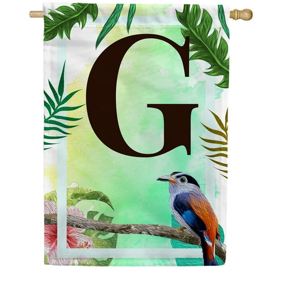 America Forever Tropical Bird Summer Monogram House Flag Letter G 28 x 40 inches Parrot Toucan Palm Leaves Double Sided Vertical Outdoor Yard Lawn Decorative Exotic House Flag