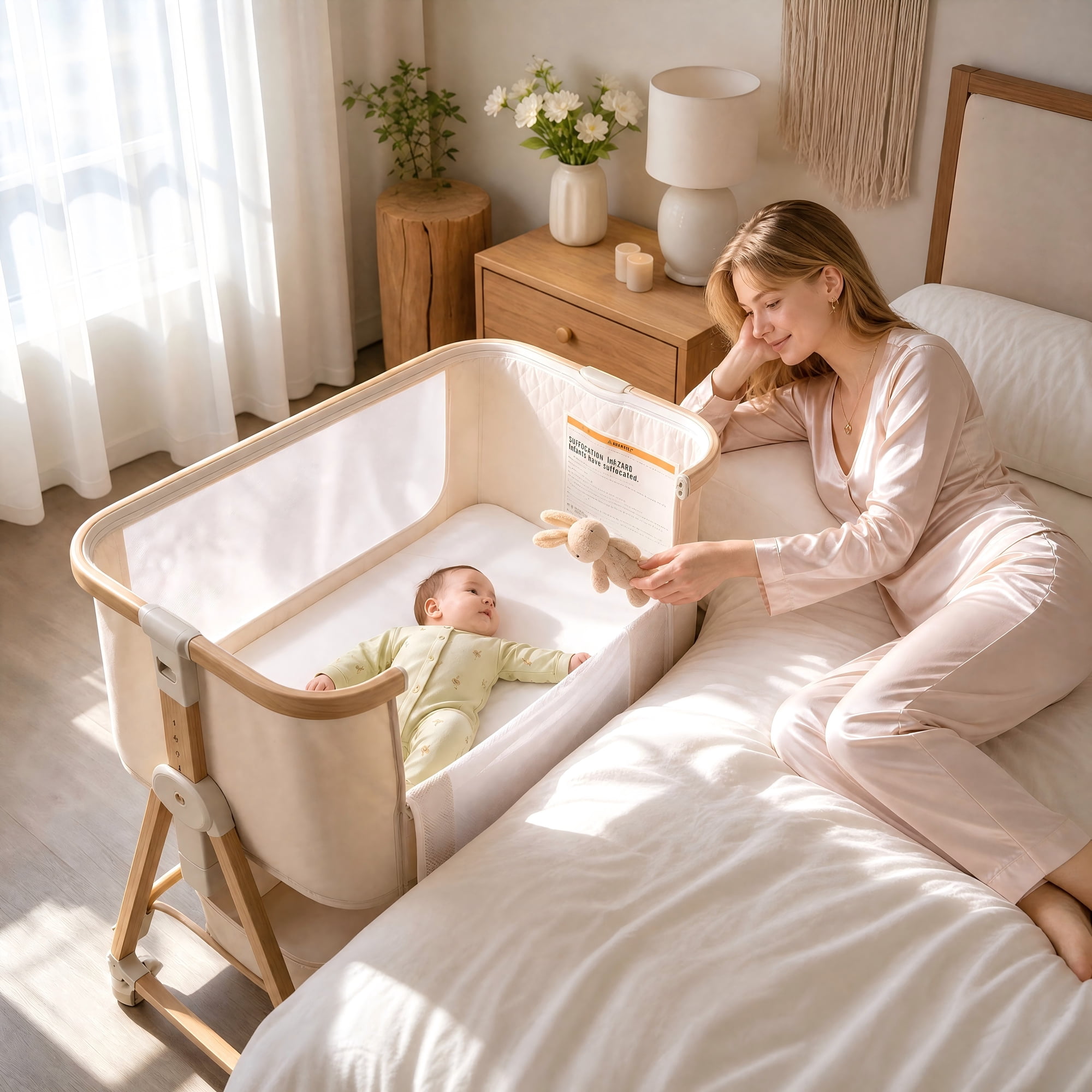 Suihuooo Baby Bassinet Bedside Sleeper, Height Adjustable,360°Lockable Wheels,Large Storage Capacity, Portable Bassinet for Newborns and Infants,Beige
