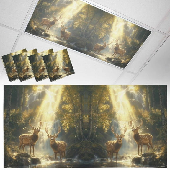 4 Pack Magnetic Fluorescent Light Covers, 2x4 Ft,Fantasy Forest Animal Vintage Deer Lakes Creek Water Magnetic Light Covers for Ceiling Lights Classroom Office Home Decor