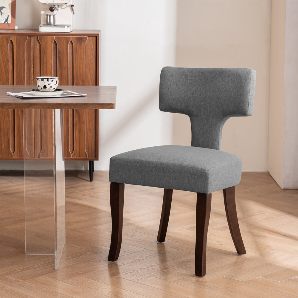 Mid Century Modern Wooden Dining Chairs Set of 6, Upholstered Side Dining Chairs with Curved Back Linen Fabric Armless Wood Chairs Kitchen & Dining Room Farmhouse Chairs (Gray)
