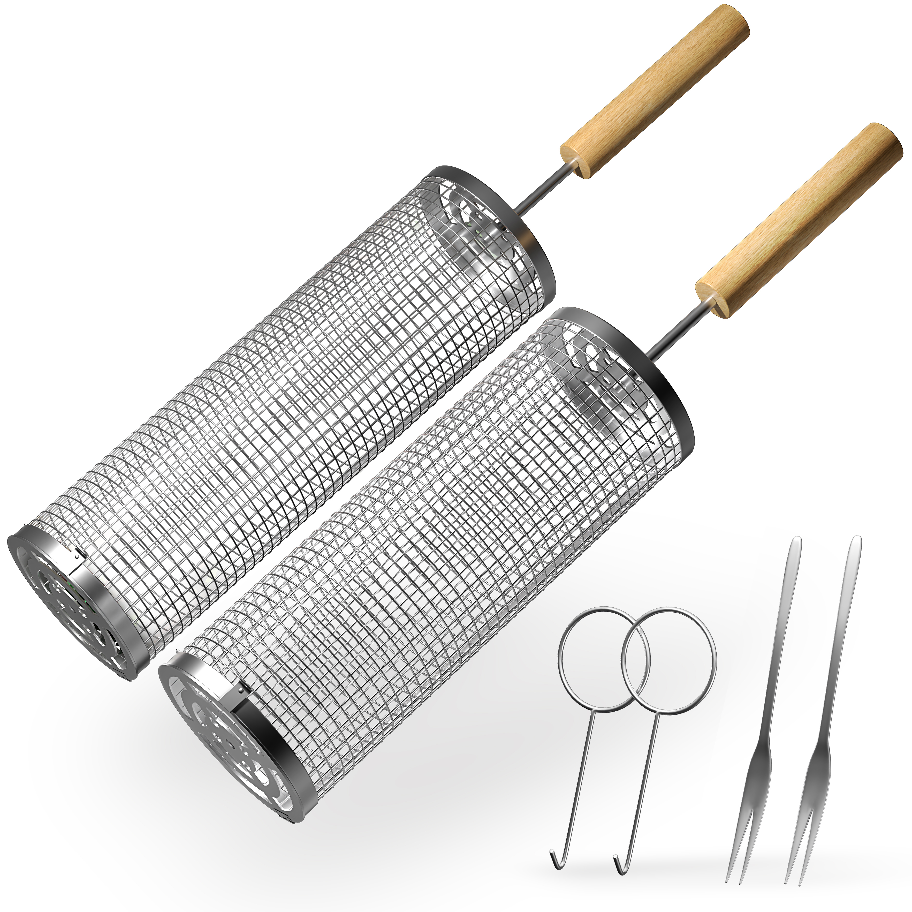 Sorbus 2-Pack Rolling Grill Baskets, 304 Stainless Steel, Removable Wood Handles, Nesting BBQ Basket