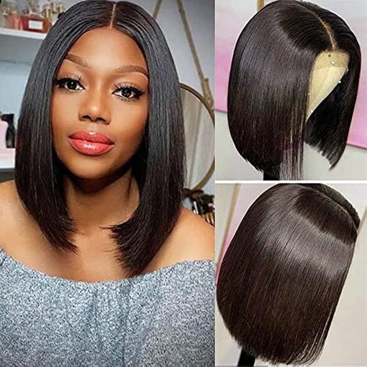 Yosicl 13x4x1 Lace Frontal Wig Short Straight Bob Human Hair Wigs Brazilian Virgin Remy Human Hair T Part Lace Front Wigs Middle Part Wigs 8 Inches Bl