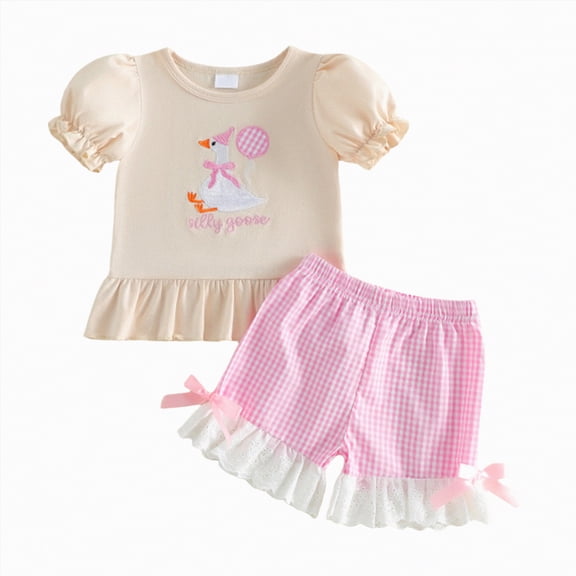 Xyant Toddler Baby Girl Clothes Summer Short Sleeve Crewneck Goose Embroidery T Shirt Elastic Plaid Shorts 2Pcs Outfits Set (Pink,6-12 Months)