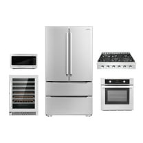Cosmo 5 Piece Kitchen Package With 36" Slide-In Gas Cooktop 30" Under Cabinet Range Hood 24" Single Electric Wall Oven 24.4" Countertop Microwave & French Door Refrigerator