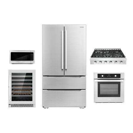 Cosmo 5 Piece Kitchen Package With 36" Slide-In Gas Cooktop 30" Under Cabinet Range Hood 24" Single Electric Wall Oven 24.4" Countertop Microwave & French Door Refrigerator