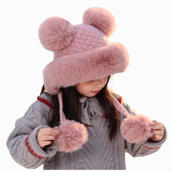 2-8 Years Kids Winter Faux Fur Earflap Hat with Large Pom Pom, Warm Fuzzy Cap for Boys Girls