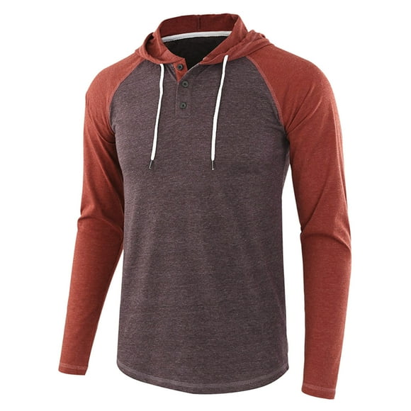PMUYBHF Male Men's T-Shirts Long Sleeve with Collar Mens Fashion Casual Color Matching Raglan Sleeves Drawstring Hoodie Long Sleeve T Shirt Top Blouse