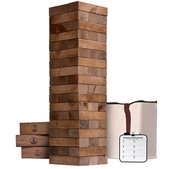 GoSports Toppling Tower - Giant Wooden Stacking Game- Stacks Up to 5 ft - Brown Wood Stain