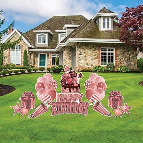 VictoryStore Yard Decorations: Birthday Yard Card Greeting, 12 pieces, Waterproof, Includes Steel Stakes (Rose Gold Sparkle 19474)