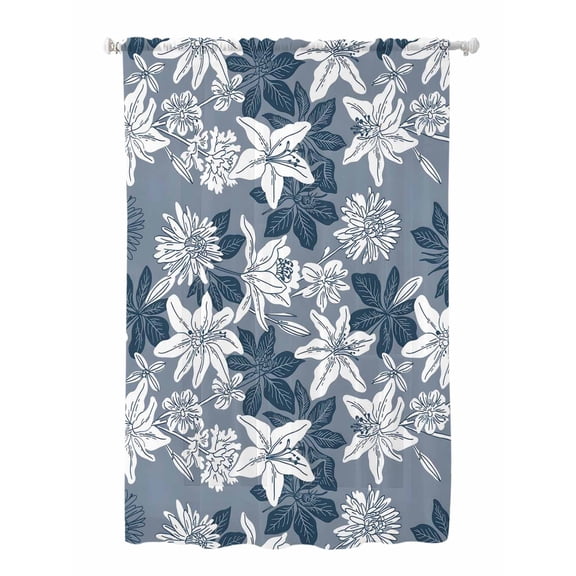 Sheer Curtains 63 Inch Length, Blue White Flowers Semi Sheer Curtains Light Filtering Window Treatment, Country Vintage Botanical Floral Privacy Voile Drapes for Living Room Bedroom 52x63 Inch