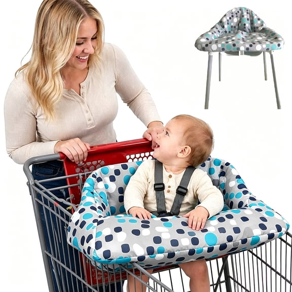 Pozico 2-in-1 Baby Shopping Cart Cover High Chair Cover, Machine Washable Grocery Cart Cover with Carry Bag, Blue White Dots